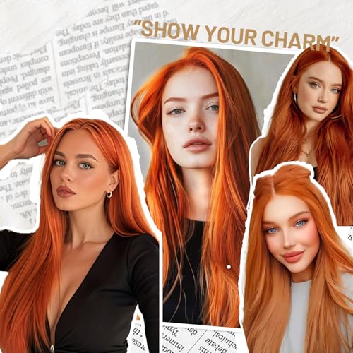 Ginger Orange Long Straight Wig 28 Inch for Women, Heat Resistant Synthetic Hair, Middle Part, Natural Look — Ellieryan