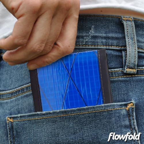 Flowfold Vanguard Recycled Sailcloth Bifold Wallet | Slim and Durable with Cash pocket, Two Hidden Card Pockets and Two ID Windows | Holds 10-12 Cards | Minimalist Wallet Made in USA | Blue Sailcloth