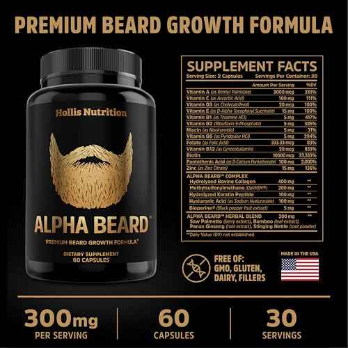 ALPHA BEARD Growth Vitamins | Biotin 10K MCG, Collagen, Keratin, Hyaluronic Acid, B-Complex, MSM | Beard DHT Blocker | Beard and Hair Growth Supplement for Men | Regrow Stronger, Healthier Facial Hair