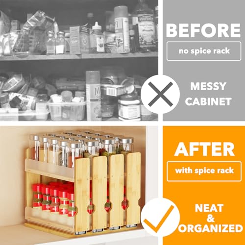 SpaceAid Bamboo Pull Out Spice Rack Organizer for Cabinets, 10.1 W x 10.6 D, 4 Drawers, 2-Tier, Natural