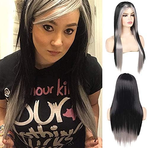 Silky Straight Long Red Black Wig with Side Bangs - Heat Resistant Synthetic Hair for Halloween