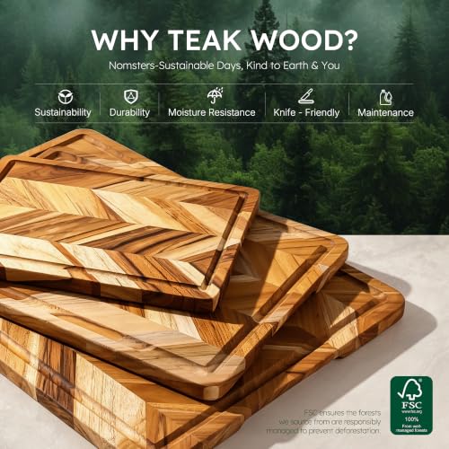 Nomsters 3-Pack Heavy-Duty Teak Cutting Boards with Non-Slip Base - Herringbone Wood Set