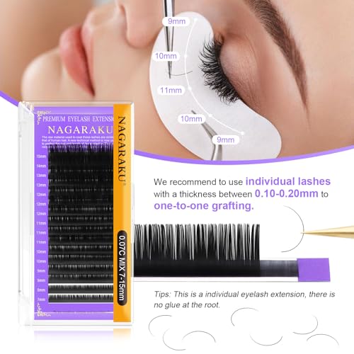 NAGARAKU Classic Individual Eyelash Extensions 0.05 D Curl - Purple Card, 9-13mm, 5 Trays