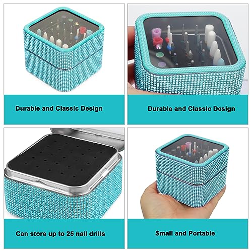 Lake Blue Nail Drill Bits Set with Rhinestone Storage Box – 25 Pieces for Acrylic & Gel Nails