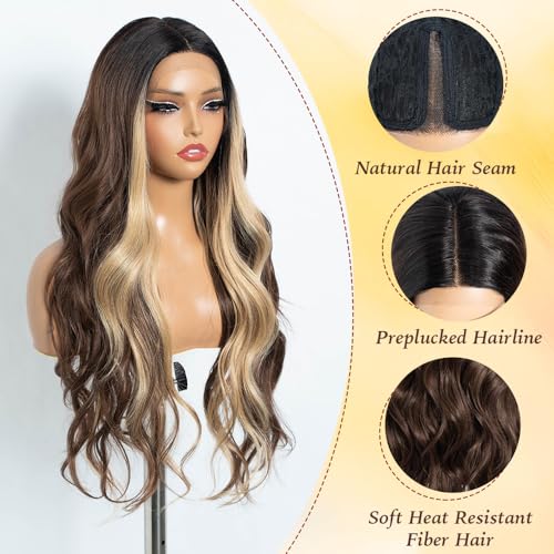 Long Wavy Lace Front Wig for Women - 30 Inch Natural Hairline Blonde Synthetic Hair