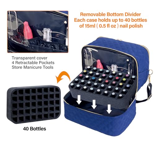 40 Slot Nail Polish Organizer Case - Double Layer Travel Storage Bag in Blue Variation of 40 Blue / 40 Slots