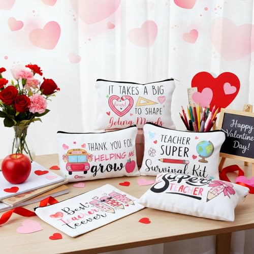 Teacher Appreciation Gift Makeup Bags - Bulk 30 Pcs Canvas Zippered Pouches with Valentine's Day Theme