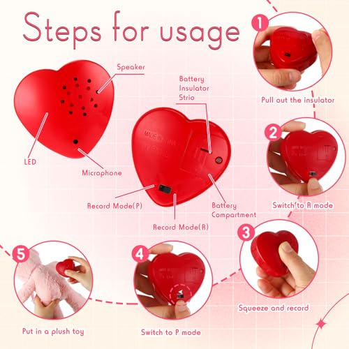 30 Pack Heart Sound Recorders for Stuffed Animals & DIY Gifts - Red