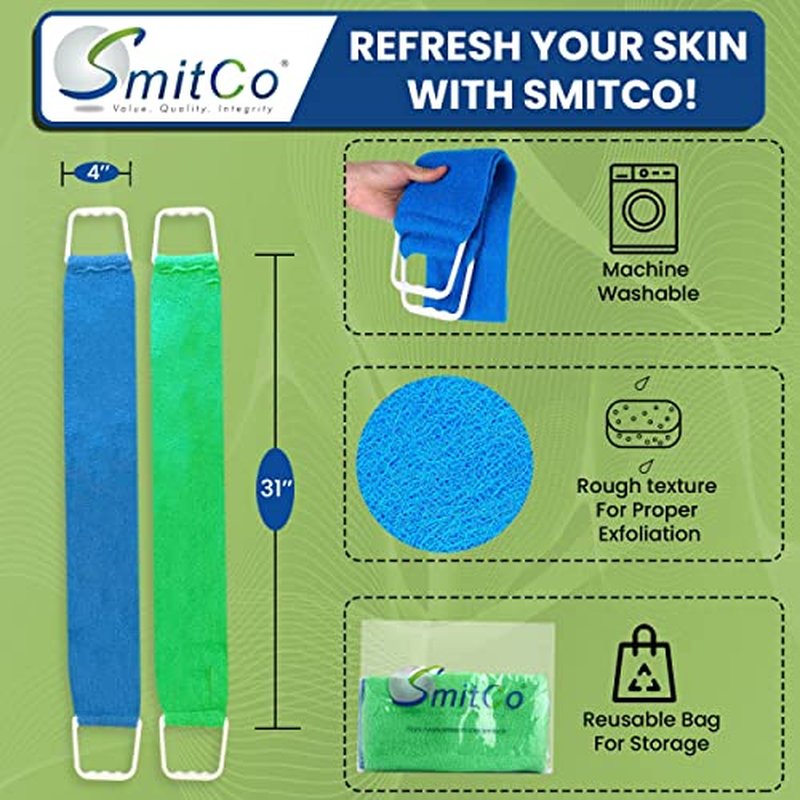 Back Scrubber for Shower for Men and Women | Extra-Long Exfoliating Shower Towel for Back Scrubbing | Exfoliation Back Cleaner Removes Dead Skin and Prevents Acne on Back- 2 Pack - Blue & Green