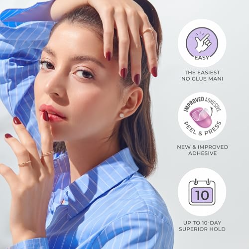 imPRESS Color Press On Nails, ¡®Over You', Solid Burgundy, Short Oval, PureFit Technology, Patented Super Hold Adhesive, Chip Proof, Smudge Proof, Mini Nail File, Manicure Stick & 30 Fake Nails