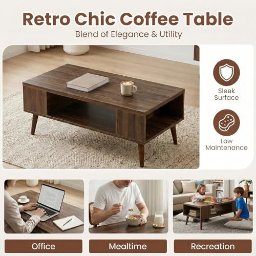 Mid Century Modern Walnut Coffee Table with Storage and Open Shelf
