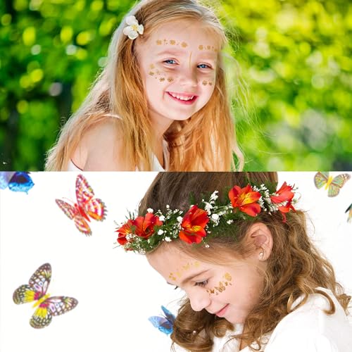 Glitter Butterfly Rose Face Tattoos Temporary for Women and Girls 10 Sheets, Gold Metallic Face Eye Makeup Stickers for Fairy, Princess, Halloween Costume, Christmas, NYE Festival Party Favors