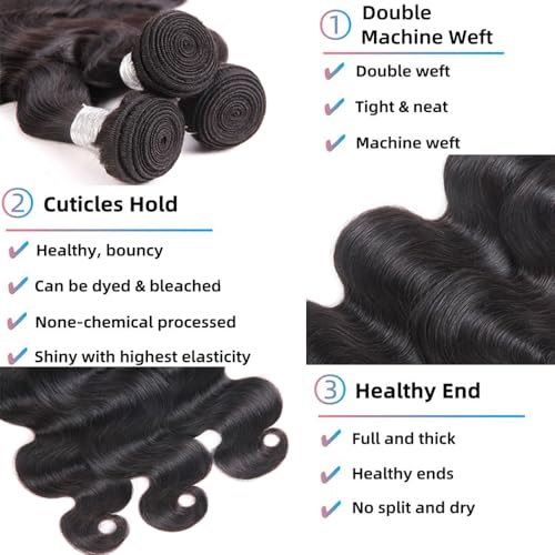 3 Bundles Human Hair Body Wave Extensions - Natural Black 18 20 22 Inch