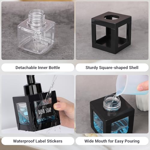 Segbeauty 11.84oz Black Foaming Soap Dispenser for Bathroom, 2pcs 350ml Empty Square Dish Soap Dispenser with Labels Pump for Kitchen, Refillable Hand Wash Foam Dispenser Soap Reusable Shampoo Bottles