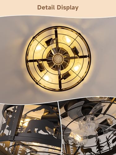 18 Inch Rustic Farmhouse Ceiling Fan with Light - Bear & Deer Silhouettes, Remote Control