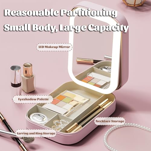 Travel Makeup Bag With Led Mirror, LED Makeup Bag, Travel Makeup Case with Led Mirror, Portable Makeup Box with Mirror and Light, Gift For Girl Women (Beige)