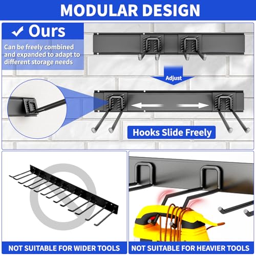 Garage Tool Organizer Wall Mount - 64 Inch Heavy Duty Steel Storage System with 10 Adjustable Hooks - Black