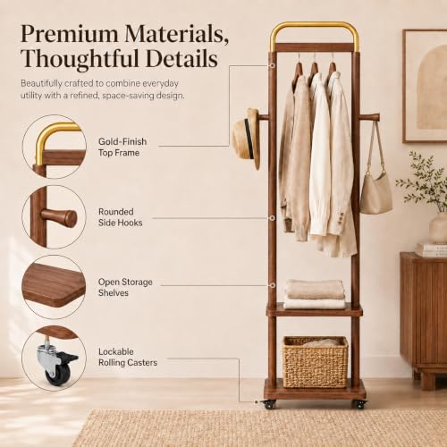 Wooden Coat Rack with Shelves and Rollers - Walnut Finish