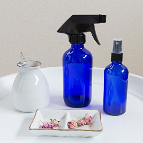 Youngever 8 Pack Empty Cobalt Blue Glass Spray Bottles, 2 Pack 8 Ounce and 6 Pack 4 Ounce Refillable Containers for Essential Oils, Durable Black Trigger Sprayer Fine Mist and Stream