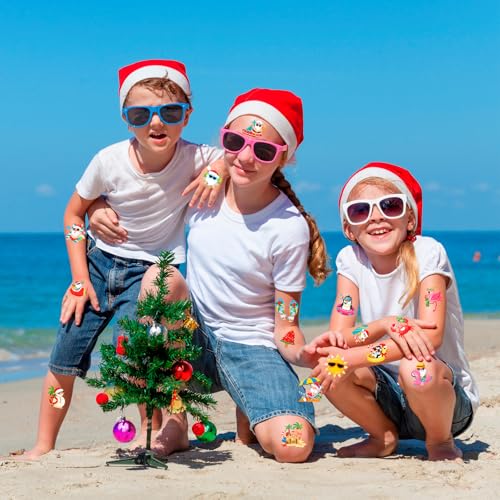 HOWAF 96 Pcs Hawaiian Christmas Temporary Tattoos, Tropical Christmas Party Decoration Waterproof Tattoos for Hawaiian Xmas, Hawaiian Flamingo Santa Tattoo Stickers for Mele Kalikimaka Decorations