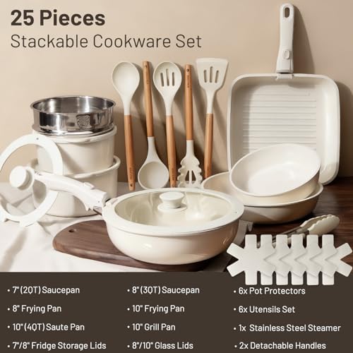 Cream Nonstick Cookware Set with Detachable Handles - 25 Piece Space-Saving Ceramic Pots and Pans for RV & Home