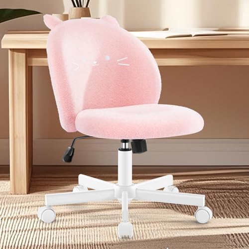 Pink Cat Vanity Chair with Plush Teddy Fleece, Armless Small Office Desk Seat - Pink-cat