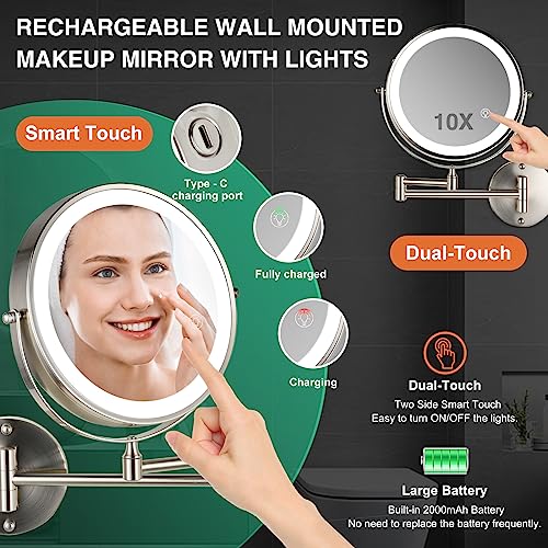 Rechargeable Wall Mounted Makeup Mirror Brushed Nickel, 8.5'' Magnifying Mirror with Lights Double-Sided 1X/10X 360¡Æ Rotation Extension Bathroom Shaving Mirror with Foldable Arm
