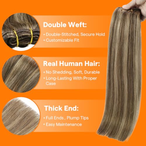 Dark Brown Blonde Hair Extensions Weft - 12 Inch 70g with Highlight Variation A3-# 4P/27-Brown and Caramel Blonde