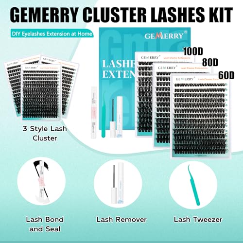 GEMERRY Lashes Clusters Kit Thick Lash Clusters 3 Styles 840Pcs Fluffy Lash Clusters Kit with Waterproof Bond and Seal Remover Tweezers for Beginners(60D+80D+100D)