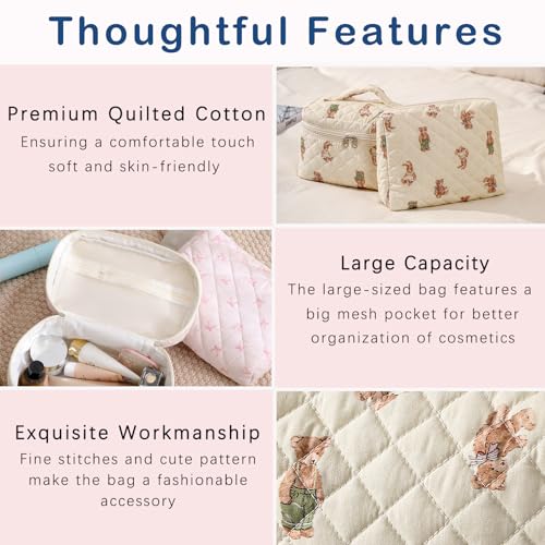3Pcs Aesthetic Cotton Quilted Drawstring Makeup Bag Set, Aesthetic Cute Bow Makeup Pouch for Girls and Women, Aesthetic Travel Organized Cosmetic Bags for Purse(01Bear)