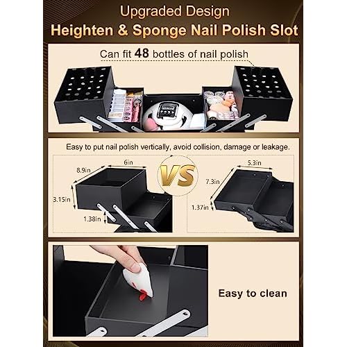 Deciniee Large Makeup Travel Train Case, Upgraded Plus Size Nail Supply Organizers and Storage for Nail Tech, Black 4 Tier Cosmetic Train Case Makeup Box, Nail Polish Makeup Organizer and Storage Bag