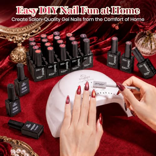 Beetles Red Gel Nail Polish Set - Jelly Glitter & Cat Eye Finish, Burgundy Dream Variation