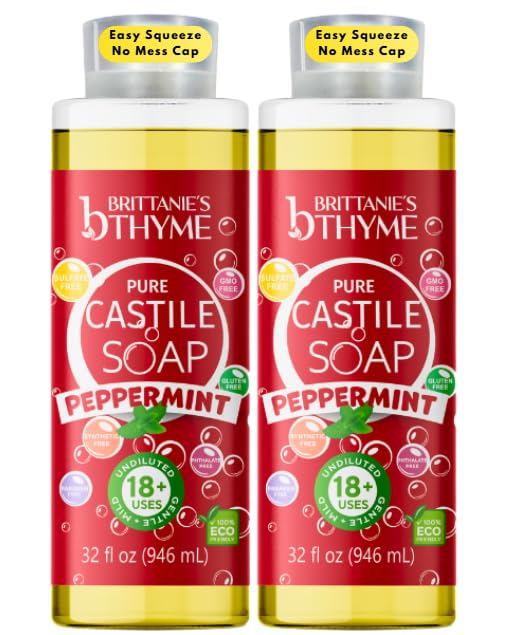 Brittanie's Pure Castile Liquid Soap Peppermint 64 Fl Oz - Nourishing Hand Wash with Organic Olive & Coconut Oil