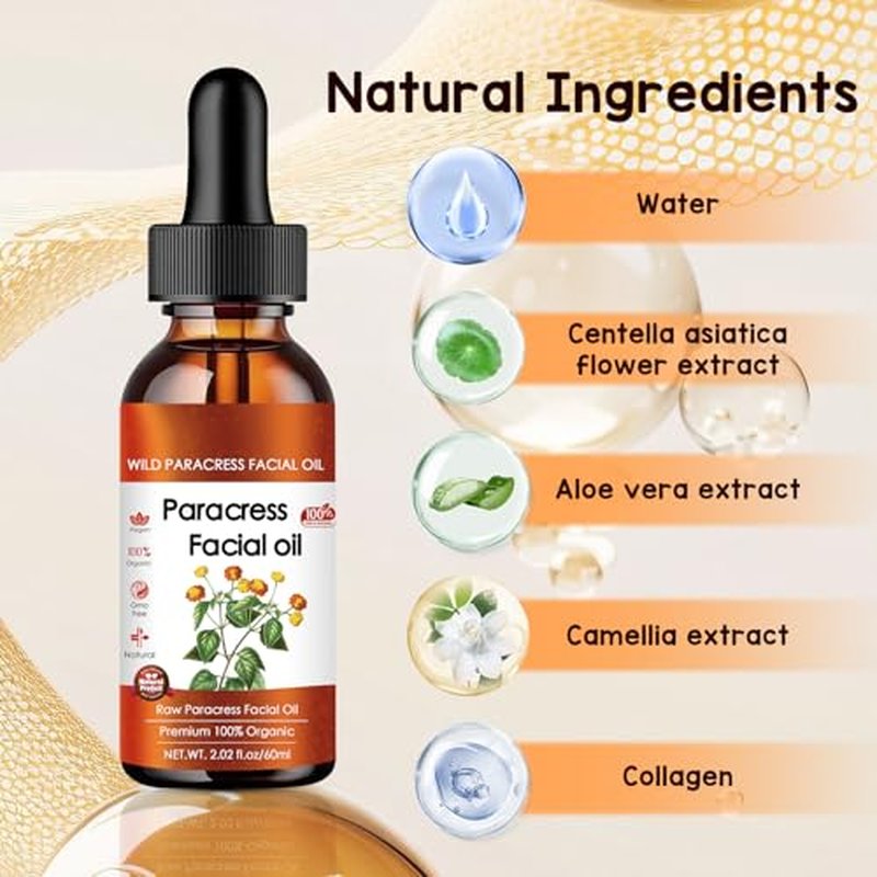 100% Pure Organic Paracress Facial Oil - Anti-Aging Moisturizing Essential Oil with Spilanthes Acmella Oleracea Flower & MCT Oil for Wrinkle Reduction, Moisturizing & Glowing Skin Face Oil (2pcs)