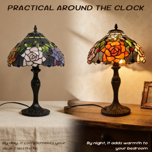 Pterying Tiffany Style Rose Stained Glass Table Lamp - 19 Inch Vintage Accent Light