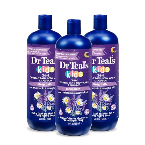 Dr Teal's Kids 3-in-1 Elderberry Bath: Bubble Bath, Body Wash & Shampoo, 20 fl oz. & Kids 3-in-1 Sleep Bath: Bubble Bath, Body Wash & Shampoo with Melatonin & Essential Oil, 20 fl oz (Pack of 3)