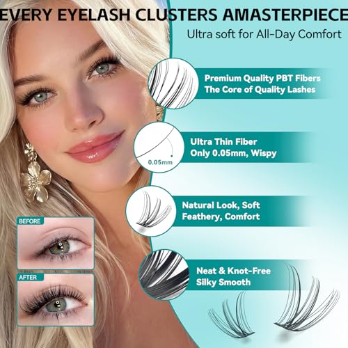 600 Pcs Wispy Lash Clusters Kit, D Curl Lashes Clusters Natural Look 9-16mm Individual Super Thin Band DIY Cluster Eyelash Extensions Kit with Bond Seal Tweezers Brush (30D 40D 50D Mix)