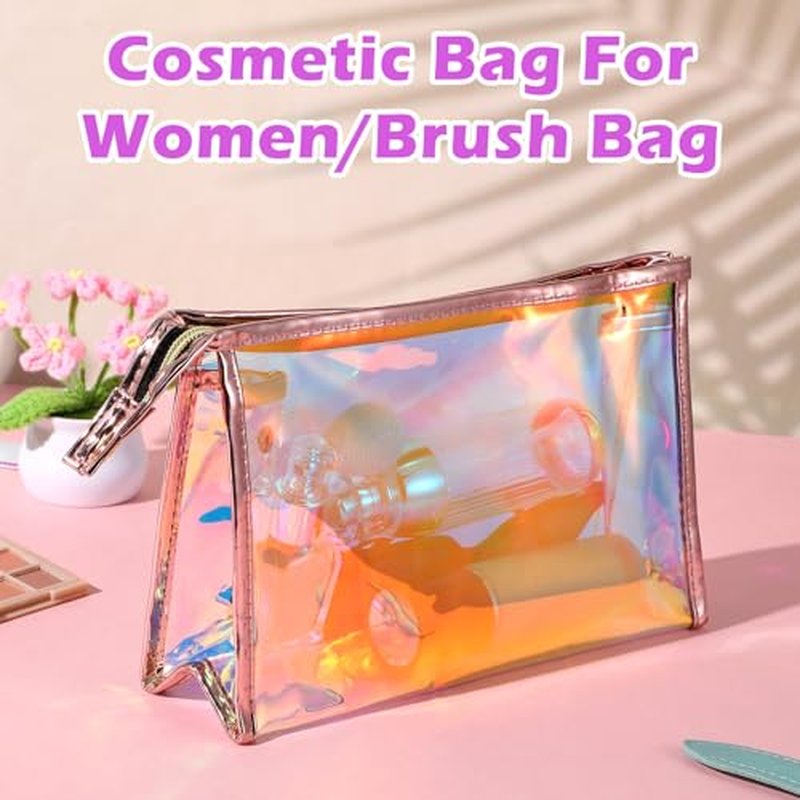 10 Pcs Iridescent Makeup Bag Clear Holographic Makeup Bag Bulk Portable Waterproof PVC Zipper Toiletry Travel Makeup Bags for Women Mother's Day Bride Bridesmaids Gifts Pink