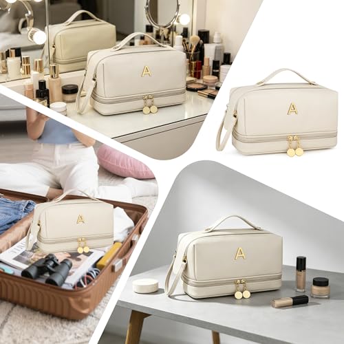 Initial Makeup Bag Travel Toiletry Bag for Women - Beige | Personalized Gift