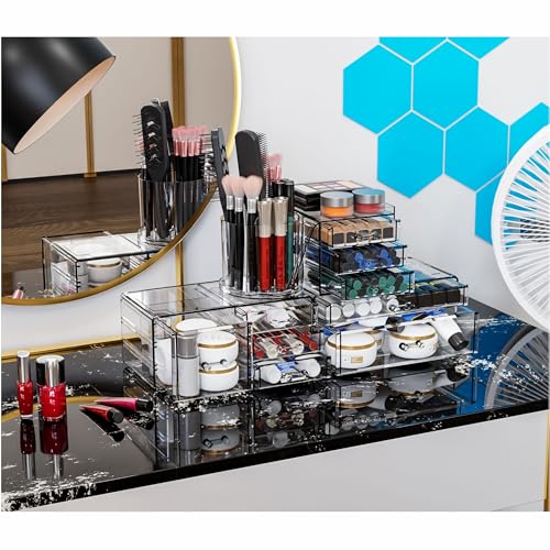 SuoXing 3 Pack Clear Acrylic Makeup Organizer for Vanity With 9 Drawer, Skincare Organizers Countertop With Make up Brush Holder,Bathroom Make up Drawer Storage for Beauty,Hair Accessories Organizer | Cute, with Brush Holder, Lipstick