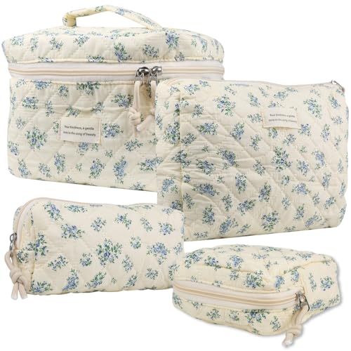 Cute Makeup Bag Set for Women - Quilted Floral Travel Cosmetic Organizer - Blue Rose, 4 Pack