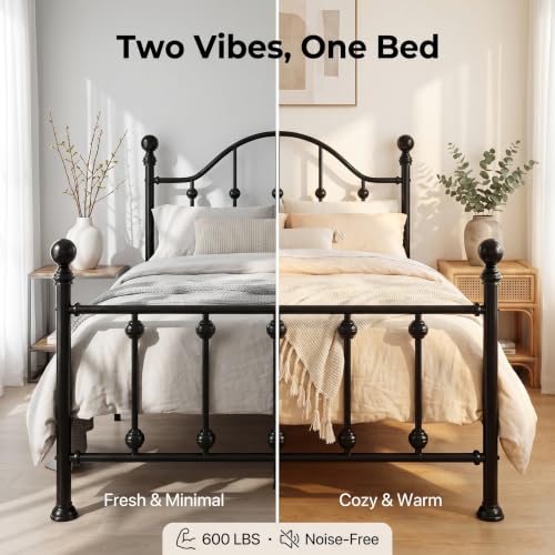 Twin Metal Bed Frame with Victorian Headboard & Footboard - Black, SHA CERLIN