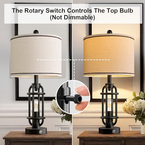 24-Inch Black Table Lamps Set of 2 with USB Ports - Industrial Vintage Nightstand Lights