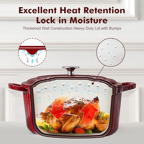 Enamel Cast Iron Dutch Oven Pot with Lid & Cotton Potholders - Burgundy Red, 6.5 Qt