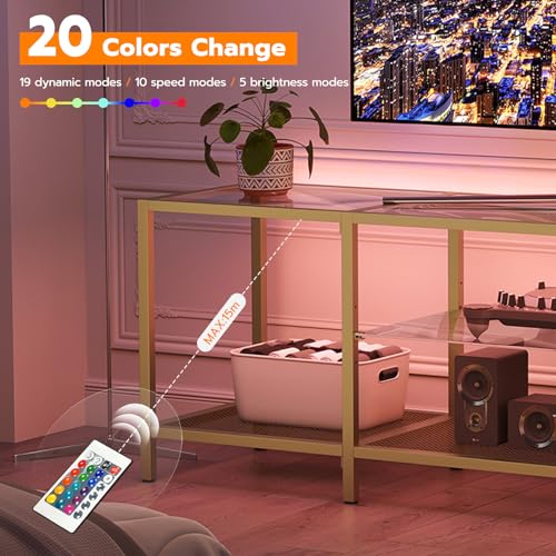 63 Inch Modern TV Stand with LED Lights and Power Outlets, Tempered Glass, Open Shelves, Gold Frame
