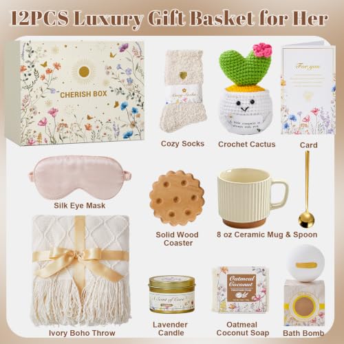 Get Well Gifts for Women - Care Package with Ivory Boho Throw & Spa Set - Beige