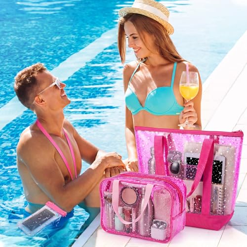 Pink Clear Stars Bag Set for Women - Beach Tote & Cosmetic Pouch Travel Accessories