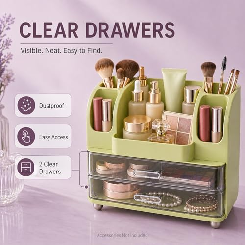 ROOM127 Vintage Green Makeup Organizer with 2 Clear Drawers & Brush Holders