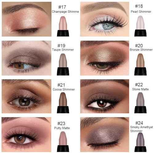 8Pcs Cream Eye Shadow Brightener Stick Makeup Set, Champagne Pearl Taupe Bronze Cocoa Stone Putty Smoky Amethyst Shimmer Matte Eyeshadow Eyeliner Pencil Applicator Stick Palette Makeup for Older Women