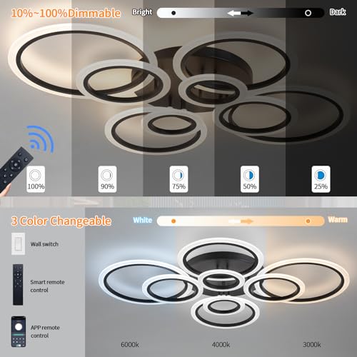 Modern Black Ceiling Light with 8 Rings - Dimmable LED Flush Mount Fixture with Remote